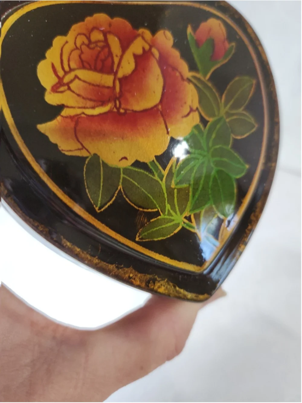 Vintage Chinese Black Lacquer Heart Trinket Box, Hand-Painted Roses 3.5”